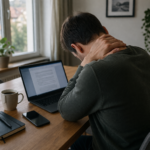 Mann am Laptop im Homeoffice mit nach vorne gebeugter Haltung und Hand im Nacken als Beispiel für Rückenschmerzen beim Arbeiten am Laptop.
