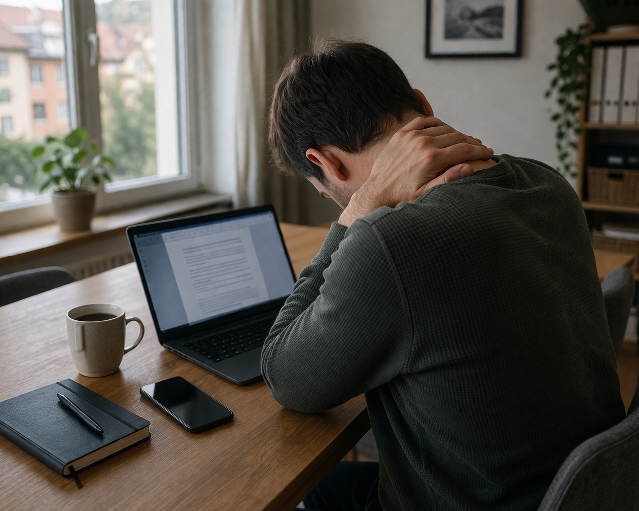 Mann am Laptop im Homeoffice mit nach vorne gebeugter Haltung und Hand im Nacken als Beispiel für Rückenschmerzen beim Arbeiten am Laptop.