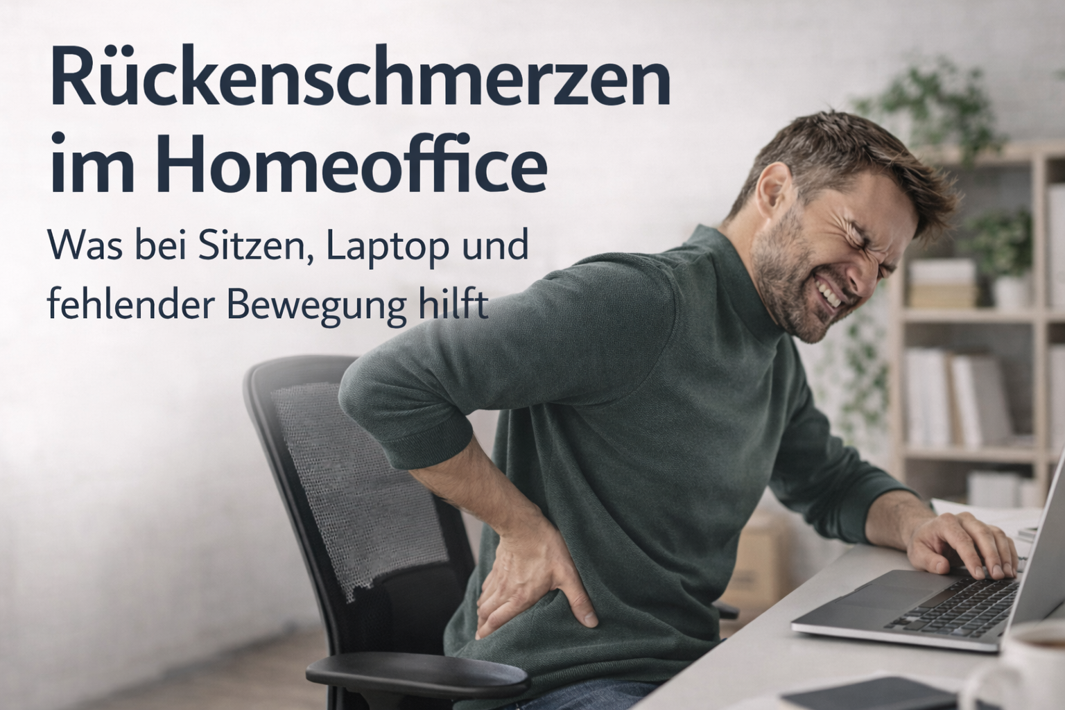Mann im Homeoffice mit Rückenschmerzen sitzt am Schreibtisch vor dem Laptop, dazu Titel und Unterzeile zum Thema Rückenbeschwerden durch Sitzen und fehlende Bewegung