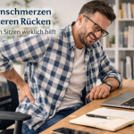 Mann im karierten Hemd sitzt am Schreibtisch und hält sich wegen Schmerzen den unteren Rücken, mit Titelbild zum Artikel über Rückenschmerzen im unteren Rücken beim Sitzen
