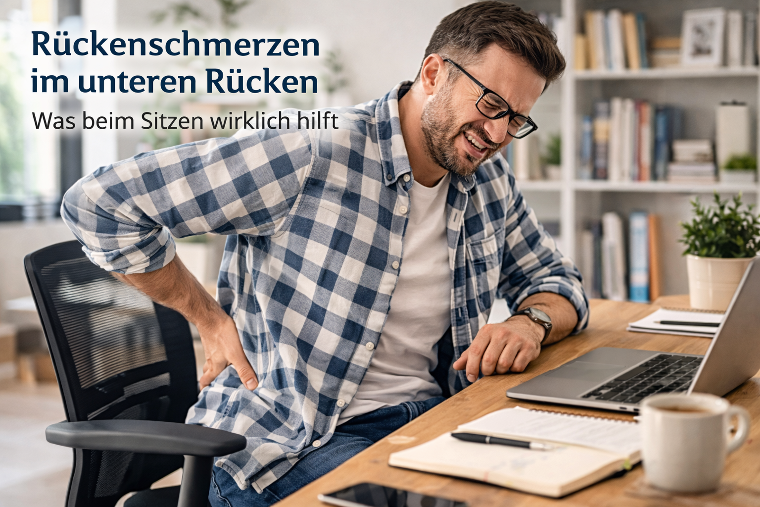 Mann im karierten Hemd sitzt am Schreibtisch und hält sich wegen Schmerzen den unteren Rücken, mit Titelbild zum Artikel über Rückenschmerzen im unteren Rücken beim Sitzen