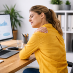 Frau im Büro mit gelbem Hemd, die sich wegen Schmerzen zwischen den Schulterblättern an den oberen Rücken fasst.