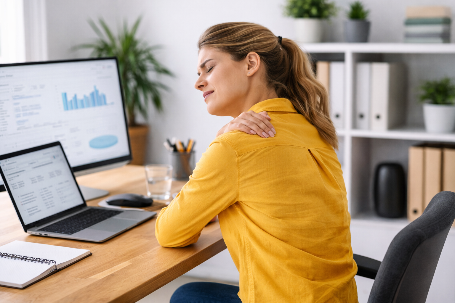 Frau im Büro mit gelbem Hemd, die sich wegen Schmerzen zwischen den Schulterblättern an den oberen Rücken fasst.