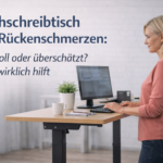 Frau arbeitet an einem höhenverstellbaren Schreibtisch im Büro; Beitragsbild zum Thema Stehschreibtisch bei Rückenschmerzen