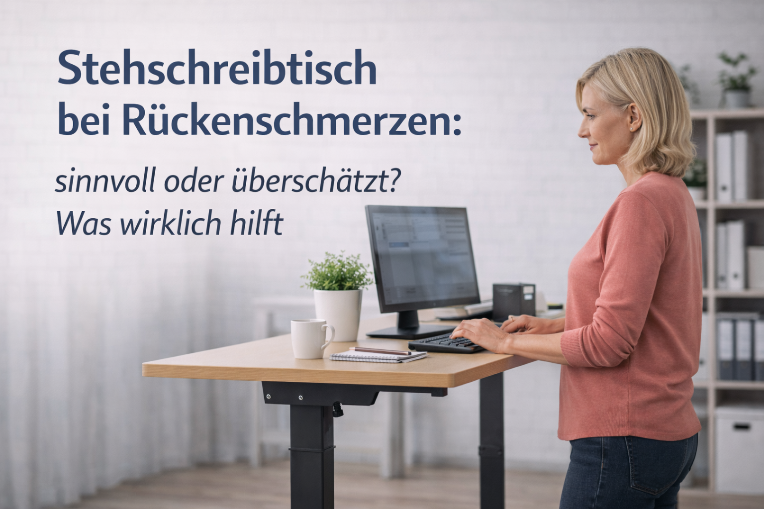 Frau arbeitet an einem höhenverstellbaren Schreibtisch im Büro; Beitragsbild zum Thema Stehschreibtisch bei Rückenschmerzen